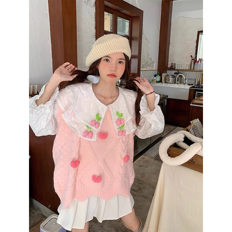 Set Áo Babydoll Trắng Áo Ghile Len Hồng