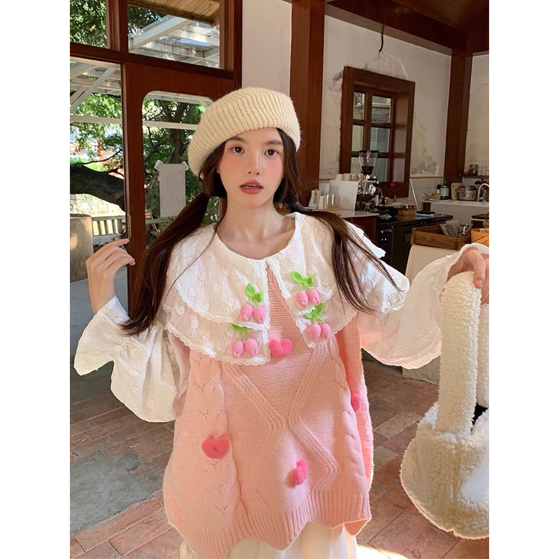 Set Áo Babydoll Trắng Áo Ghile Len Hồng