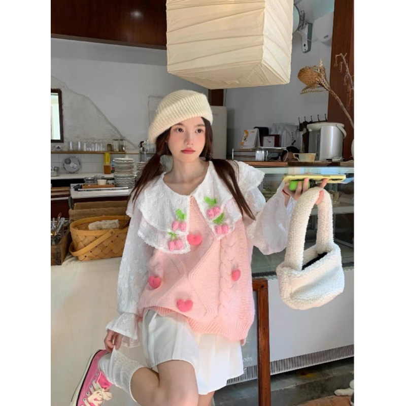 Set Áo Babydoll Trắng Áo Ghile Len Hồng