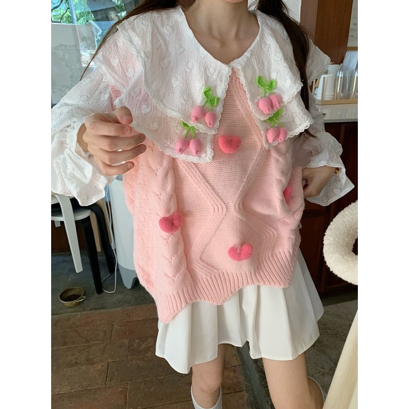 Set Áo Babydoll Trắng Áo Ghile Len Hồng