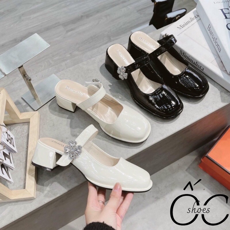 Giày sục quai ngang bản to gắn hoa đá gót vuông 3-7cm mã OC0924