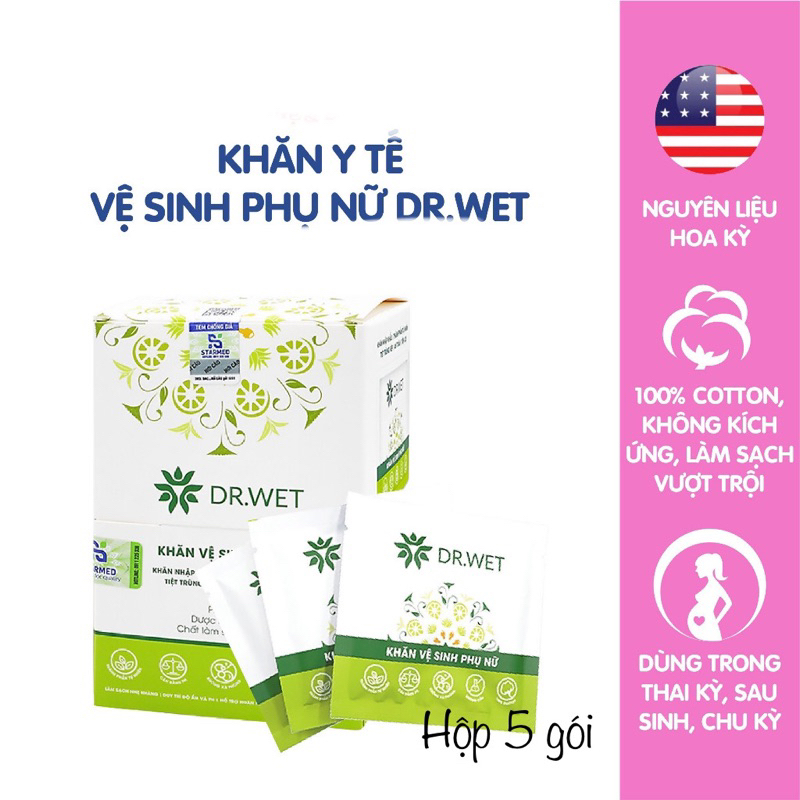 1 Gạc Hộp 5 Khăn Y Tế Vệ Sinh Phụ Nữ DR.WET Giúp Làm Sạch