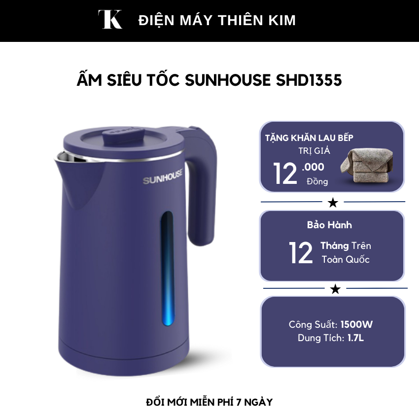 Ấm siêu tốc Sunhouse SHD1355 - 1.8L 1500W - thân bình 2 lớp, inox 304 an toàn cho sức khỏe, bình đun siêu tốc - Bảo Hành