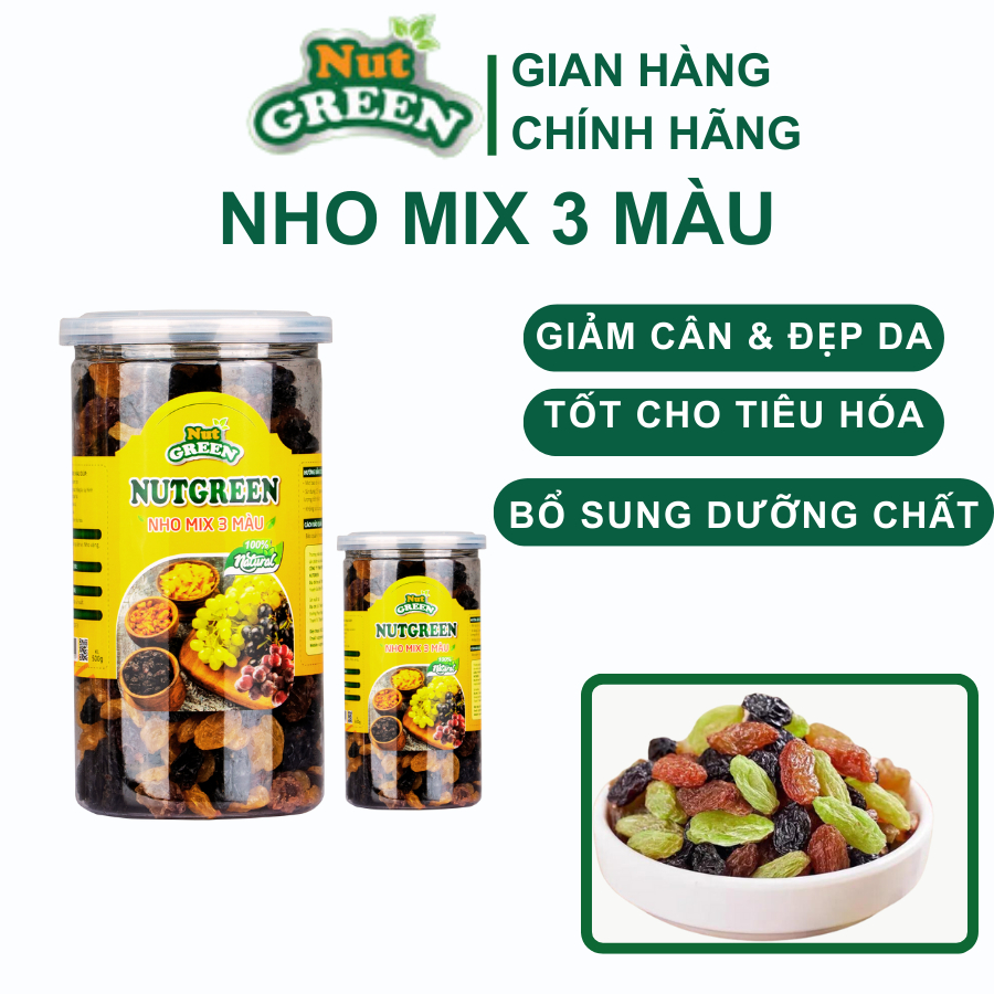 Nho Mix sấy dẻo 3 màu Nutgreen Không Đường giảm cân ăn kiêng_Nhập khẩu Mỹ -NutGreen Healthy Food