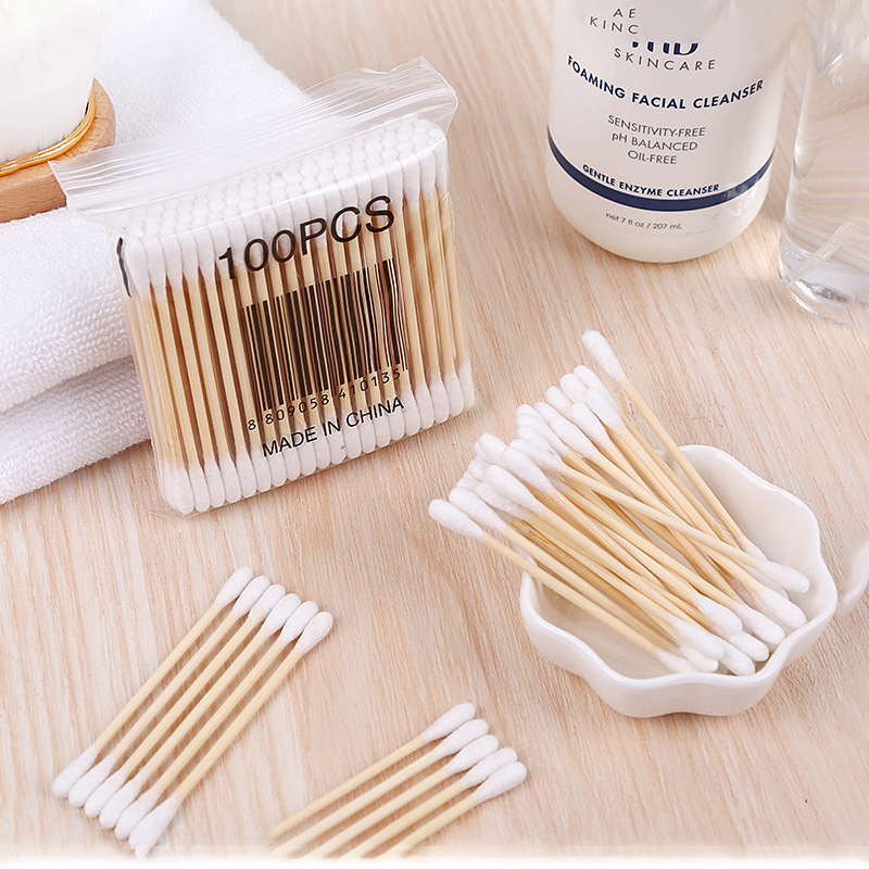 Gói 100 Chiếc Tăm Bông Ngoáy Tai Thân Gỗ, Tăm Bông Nặn Mụn Hai Đầu Đa Năng Vệ Sinh An Toàn