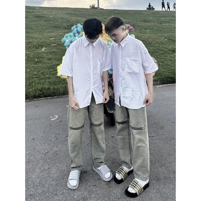 Quần jeans ống suông kéo khoá gối