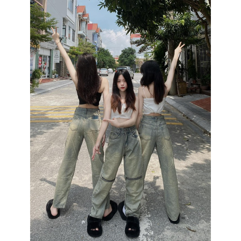 Quần jeans ống suông kéo khoá gối