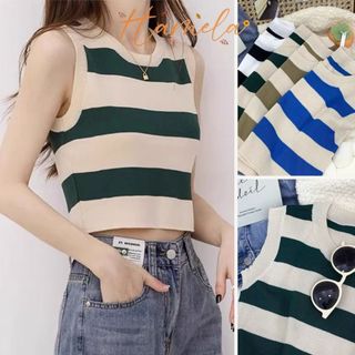 Áo len nữ Croptop 3 lỗ sát nách cổ tròn, áo ba lỗ kẻ sọc bản to dáng croptop phom đẹp Hamela, vải thoáng khí