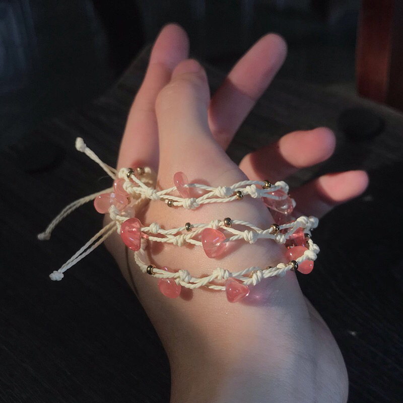 Vòng tay Aqua, Peri.dot , Strawberry Quartz dâu tây phối hạt cườm may mắn