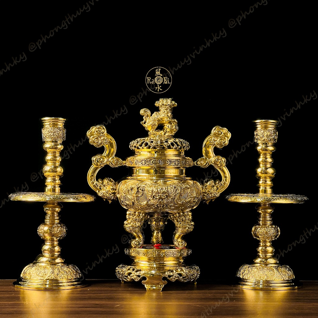 Bộ Tam Sự Lư Tròn Tay Mây 29cm + Chân Đèn 25cm - Vật Phẩm Đồng Thờ Cúng Vĩnh Tiến Cao Cấp