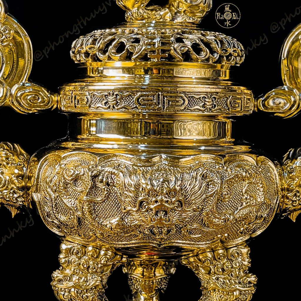 Bộ Tam Sự Lư Tròn Tay Mây 29cm + Chân Đèn 25cm - Vật Phẩm Đồng Thờ Cúng Vĩnh Tiến Cao Cấp