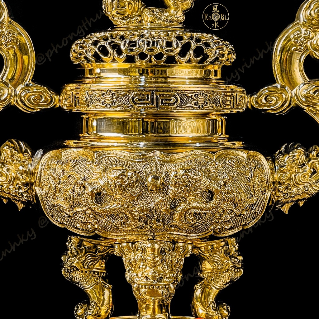 Bộ Tam Sự Lư Tròn Tay Mây 29cm + Chân Đèn 25cm - Vật Phẩm Đồng Thờ Cúng Vĩnh Tiến Cao Cấp