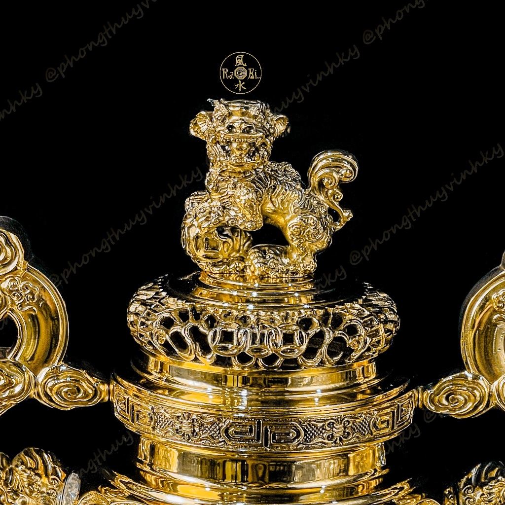 Bộ Tam Sự Lư Tròn Tay Mây 29cm + Chân Đèn 25cm - Vật Phẩm Đồng Thờ Cúng Vĩnh Tiến Cao Cấp