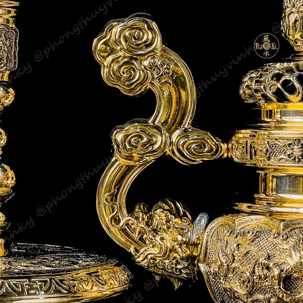 Bộ Tam Sự Lư Tròn Tay Mây 29cm + Chân Đèn 25cm - Vật Phẩm Đồng Thờ Cúng Vĩnh Tiến Cao Cấp