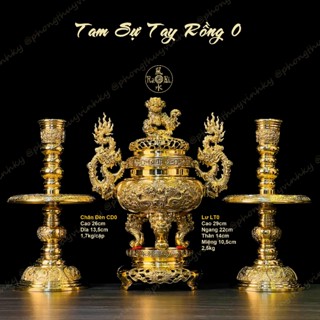  Bộ Tam Sự Lư Tròn 29cm + Chân Đèn 26cm - Vật Phẩm Đồng Thờ Cúng Vĩnh Tiến Cao Cấp 