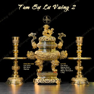  Bộ Tam Sự Lư Vuông 42cm + Chân Đèn 33cm - Vật Phẩm Đồng Thờ Cúng Vĩnh Tiến Chất Lượng Cao 