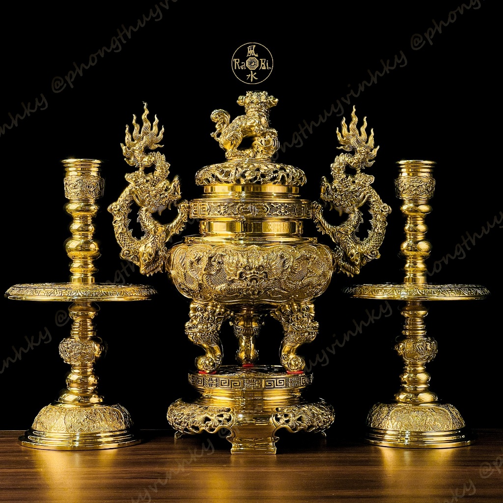 Bộ Tam Sự Lư Tròn 37cm + Chân Đèn 29cm - Vật Phẩm Đồng Thờ Cúng Vĩnh Tiến Cao Cấp