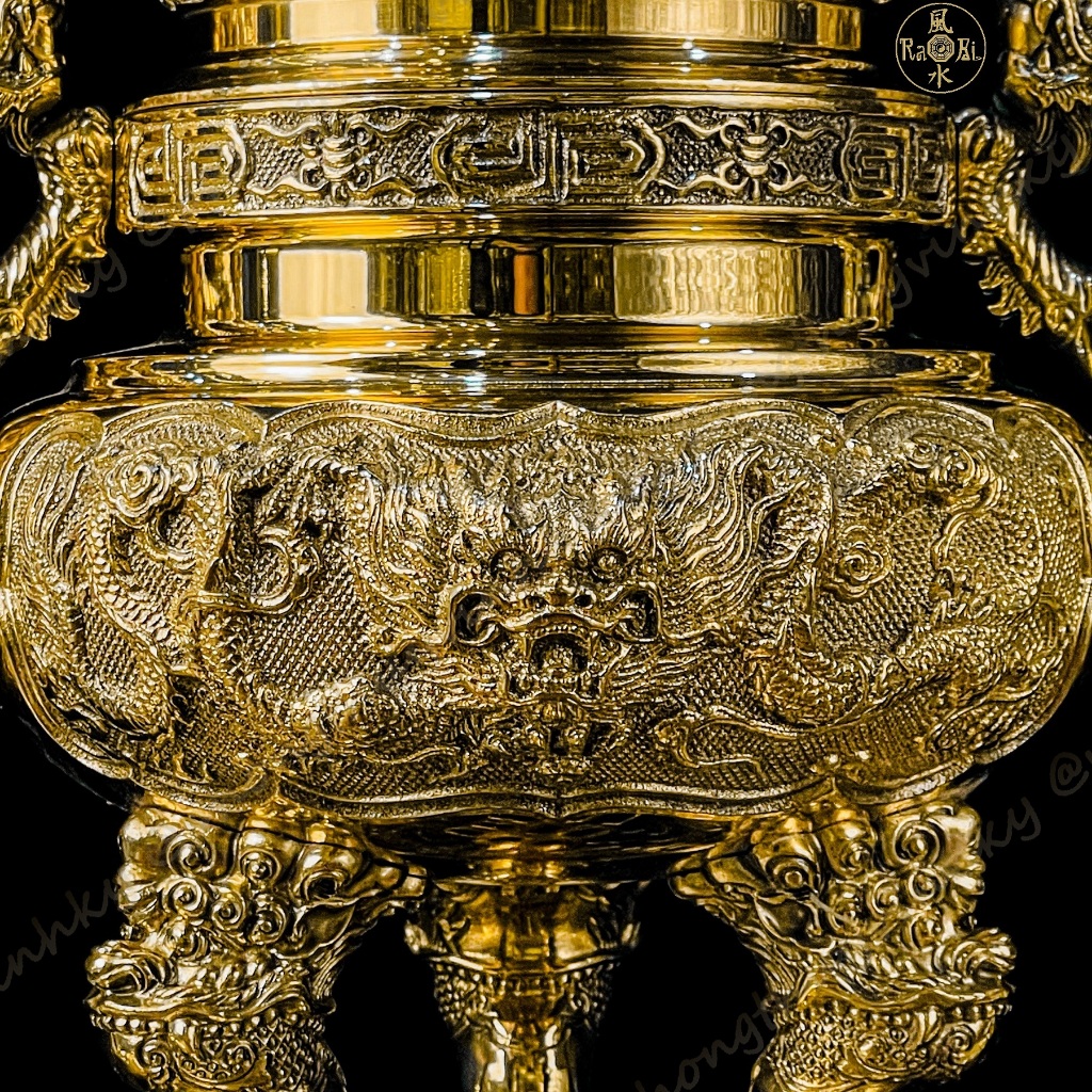 Bộ Tam Sự Lư Tròn 37cm + Chân Đèn 29cm - Vật Phẩm Đồng Thờ Cúng Vĩnh Tiến Cao Cấp