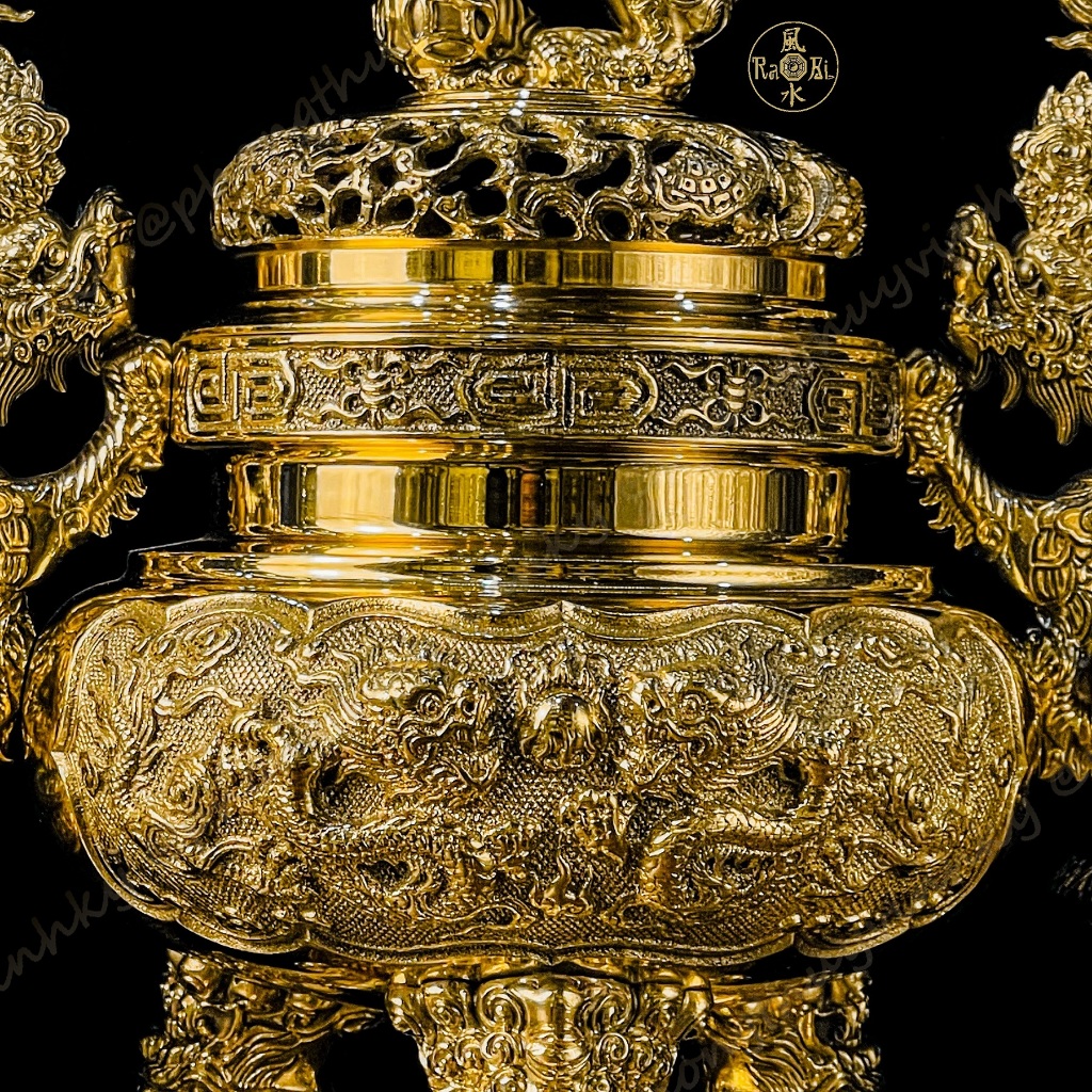 Bộ Tam Sự Lư Tròn 37cm + Chân Đèn 29cm - Vật Phẩm Đồng Thờ Cúng Vĩnh Tiến Cao Cấp