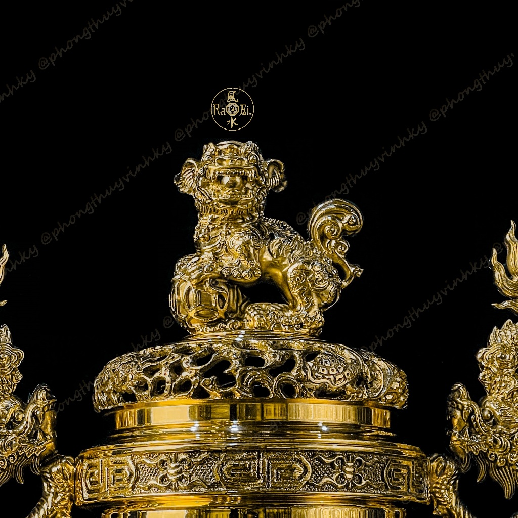 Bộ Tam Sự Lư Tròn 37cm + Chân Đèn 29cm - Vật Phẩm Đồng Thờ Cúng Vĩnh Tiến Cao Cấp