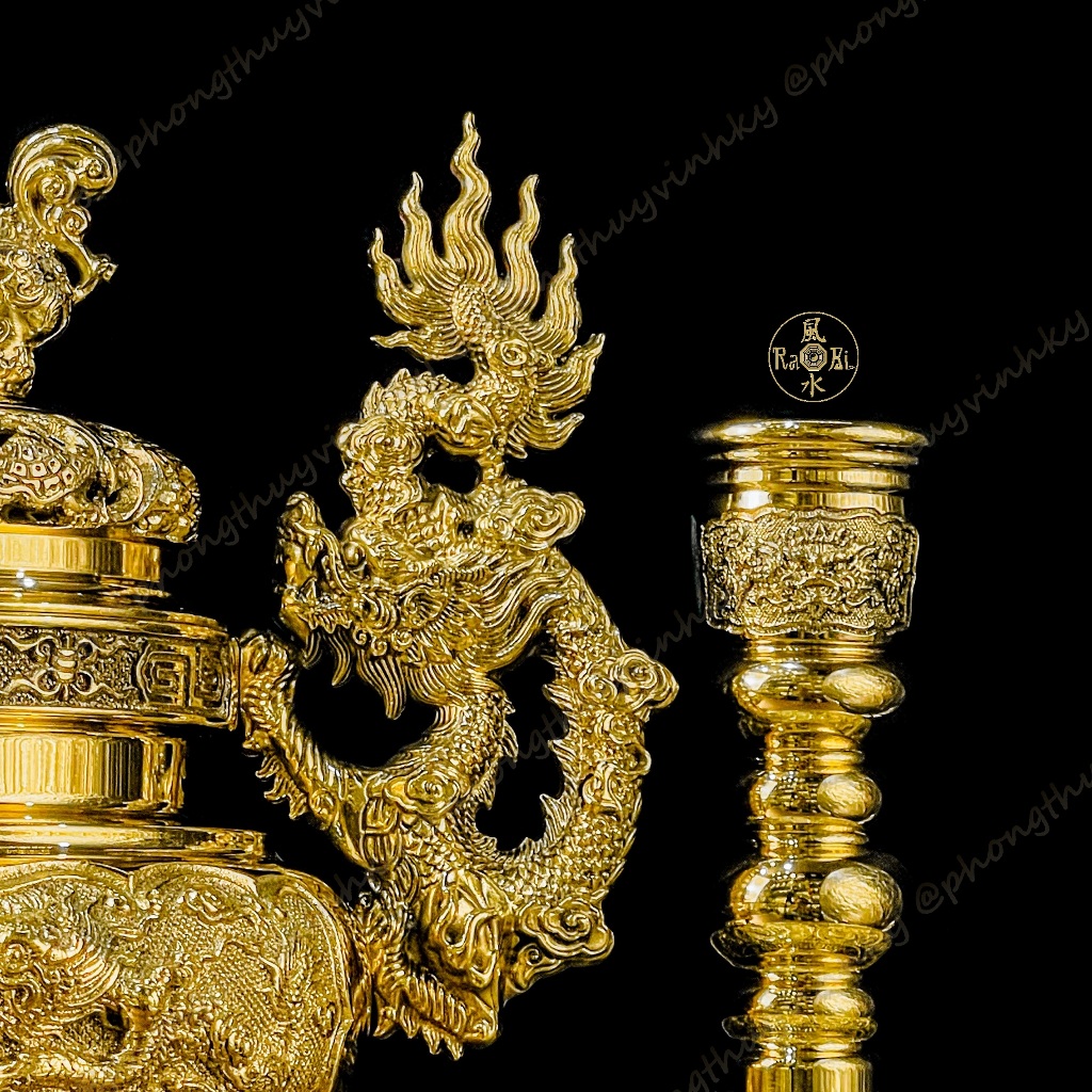 Bộ Tam Sự Lư Tròn 37cm + Chân Đèn 29cm - Vật Phẩm Đồng Thờ Cúng Vĩnh Tiến Cao Cấp