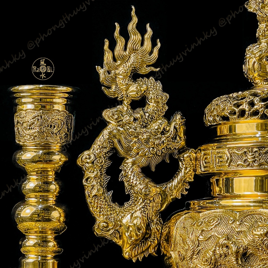 Bộ Tam Sự Lư Tròn 37cm + Chân Đèn 29cm - Vật Phẩm Đồng Thờ Cúng Vĩnh Tiến Cao Cấp