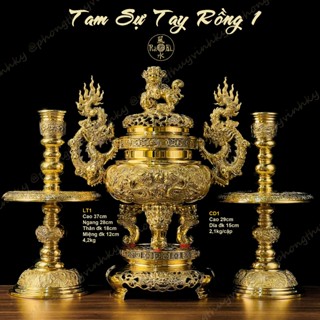  Bộ Tam Sự Lư Tròn 37cm + Chân Đèn 29cm - Vật Phẩm Đồng Thờ Cúng Vĩnh Tiến Cao Cấp 