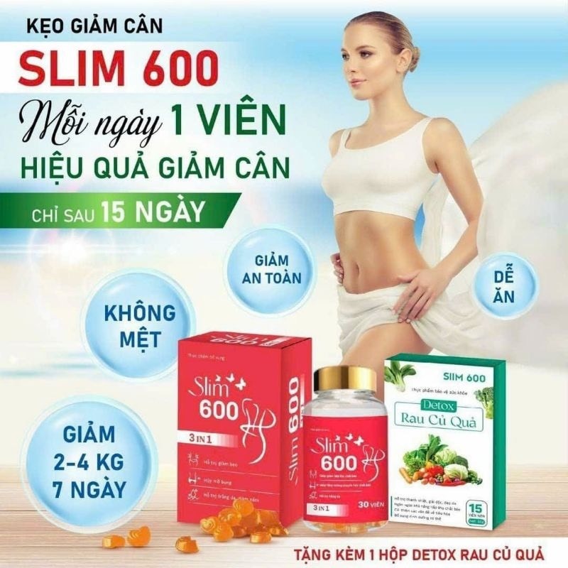 Kẹo Giảm Cân Slim 600 3IN1 Chính Hãng Tặng Detox Hỗ Trợ Giảm Cân Dưỡng Trắng Da