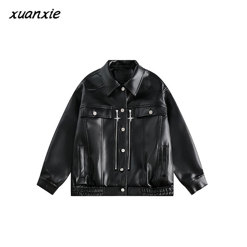 Áo khoác bóng chày SSS màu đen chất da PU cao cấp thời trang nam nữ 2023