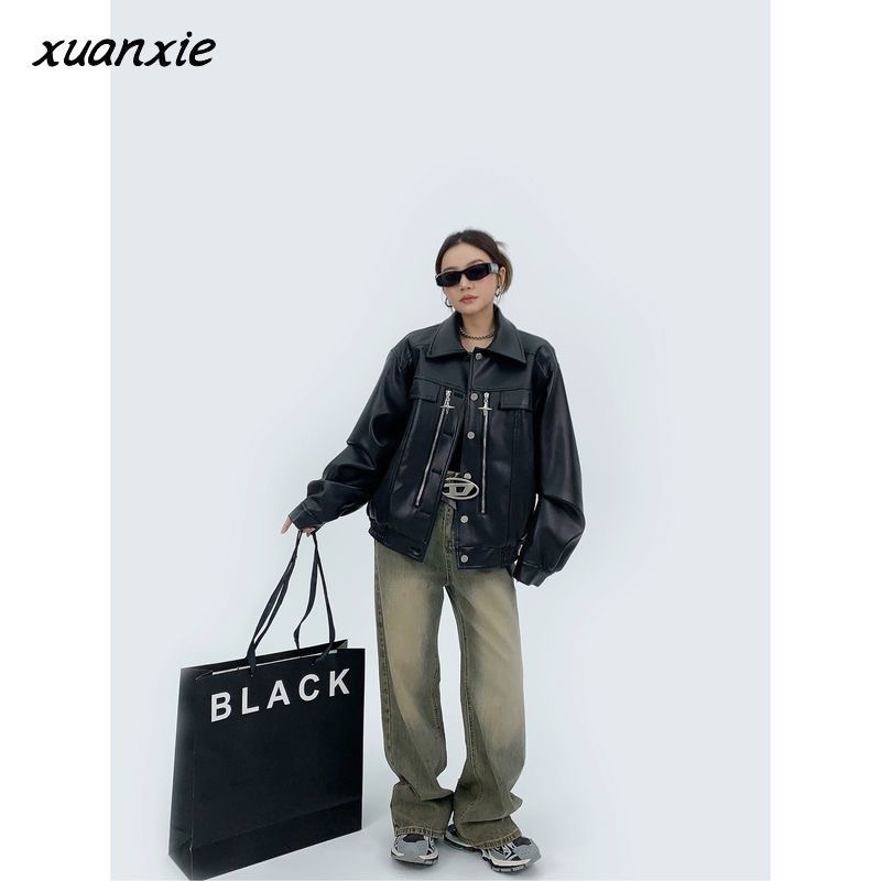 Áo khoác bóng chày SSS màu đen chất da PU cao cấp thời trang nam nữ 2023