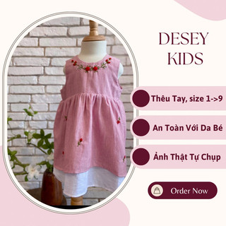 ĐẦM EM BÉ caro linen cotton thêu tay hoa hồng 3D