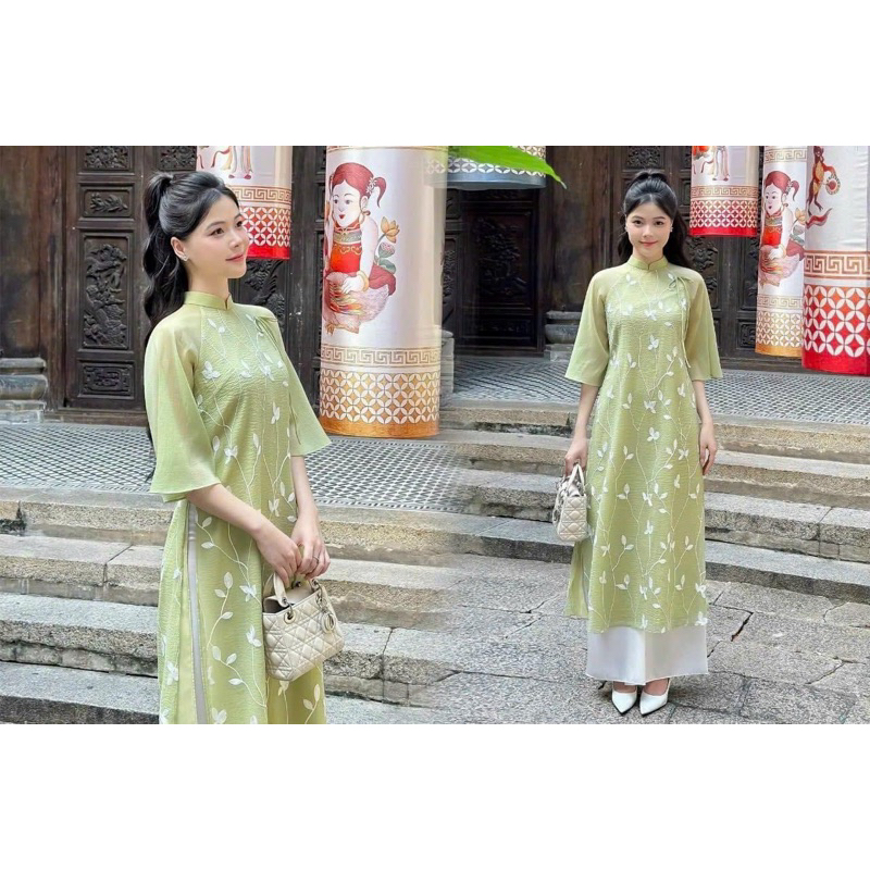 Áo Dài Xuông An Vy Tay Loe Lỡ Cao Cấp ,Áo Dài Cách Tân 4 Tà Suông Thêu Trẻ Trung Tôn Dáng