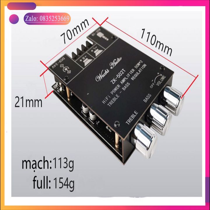 ZK-502T mạch khuếch đại âm thanh 2.0 Wuzhi 50*50w bluetooth 5.0