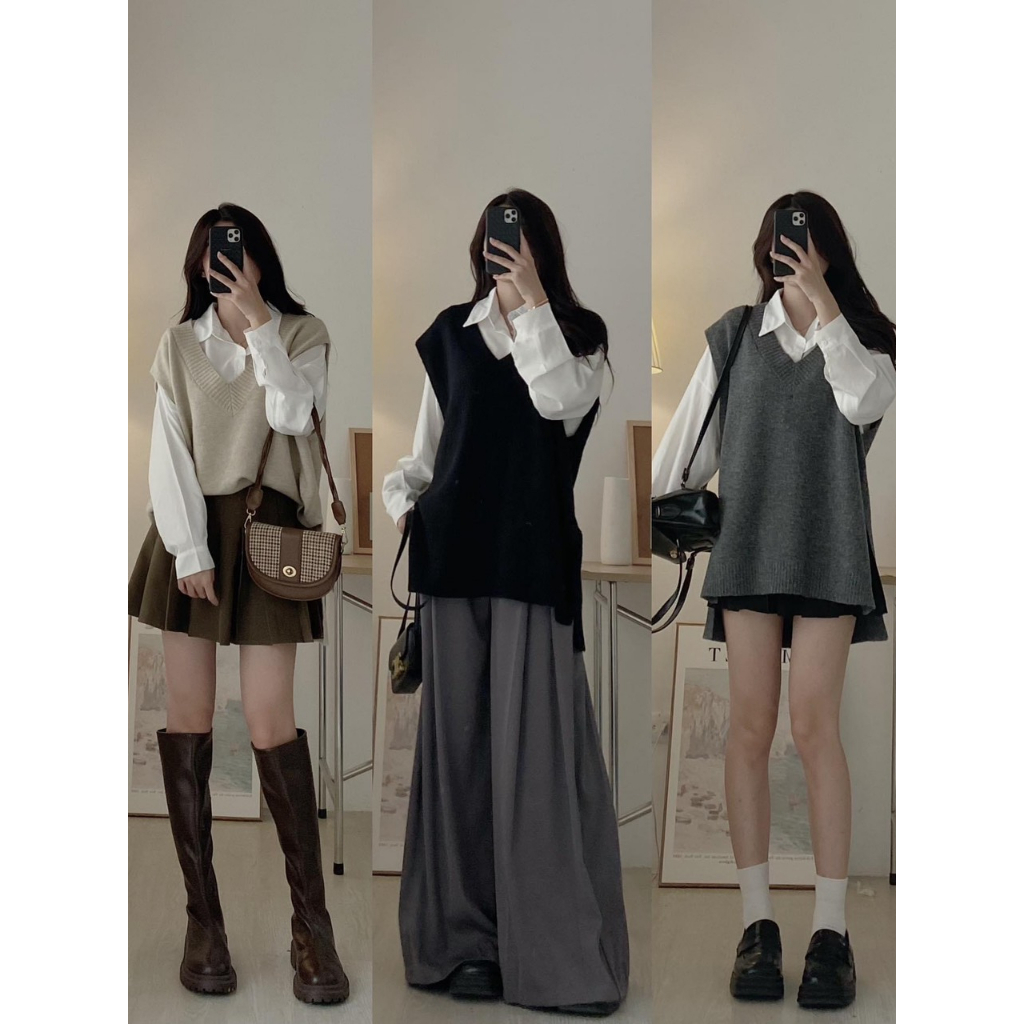 Áo gile len xẻ vạt form rộng trùm vai,áo ghi lê form rộng phong cách hàn quốc - Sammy House-  GilexevatA01 P13K10