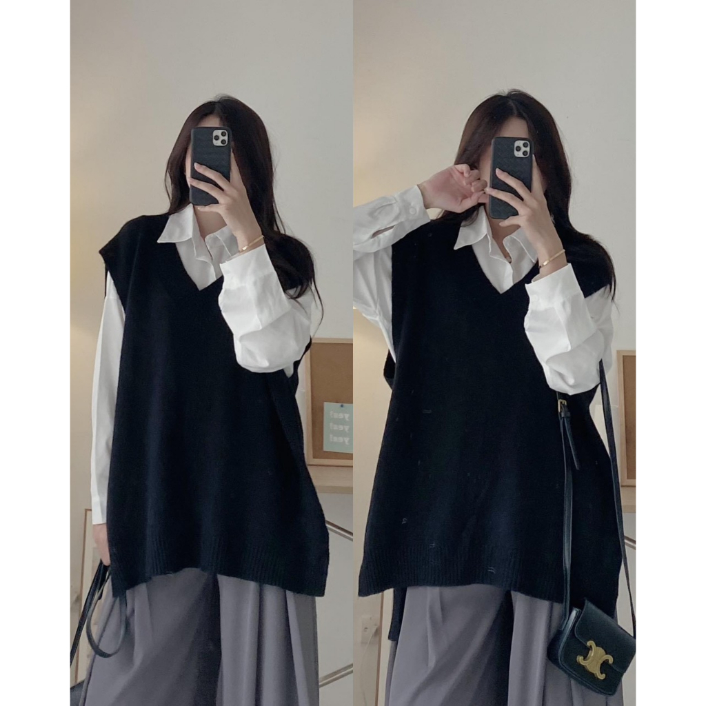 Áo gile len xẻ vạt form rộng trùm vai,áo ghi lê form rộng phong cách hàn quốc - Sammy House-  GilexevatA01 P13K10