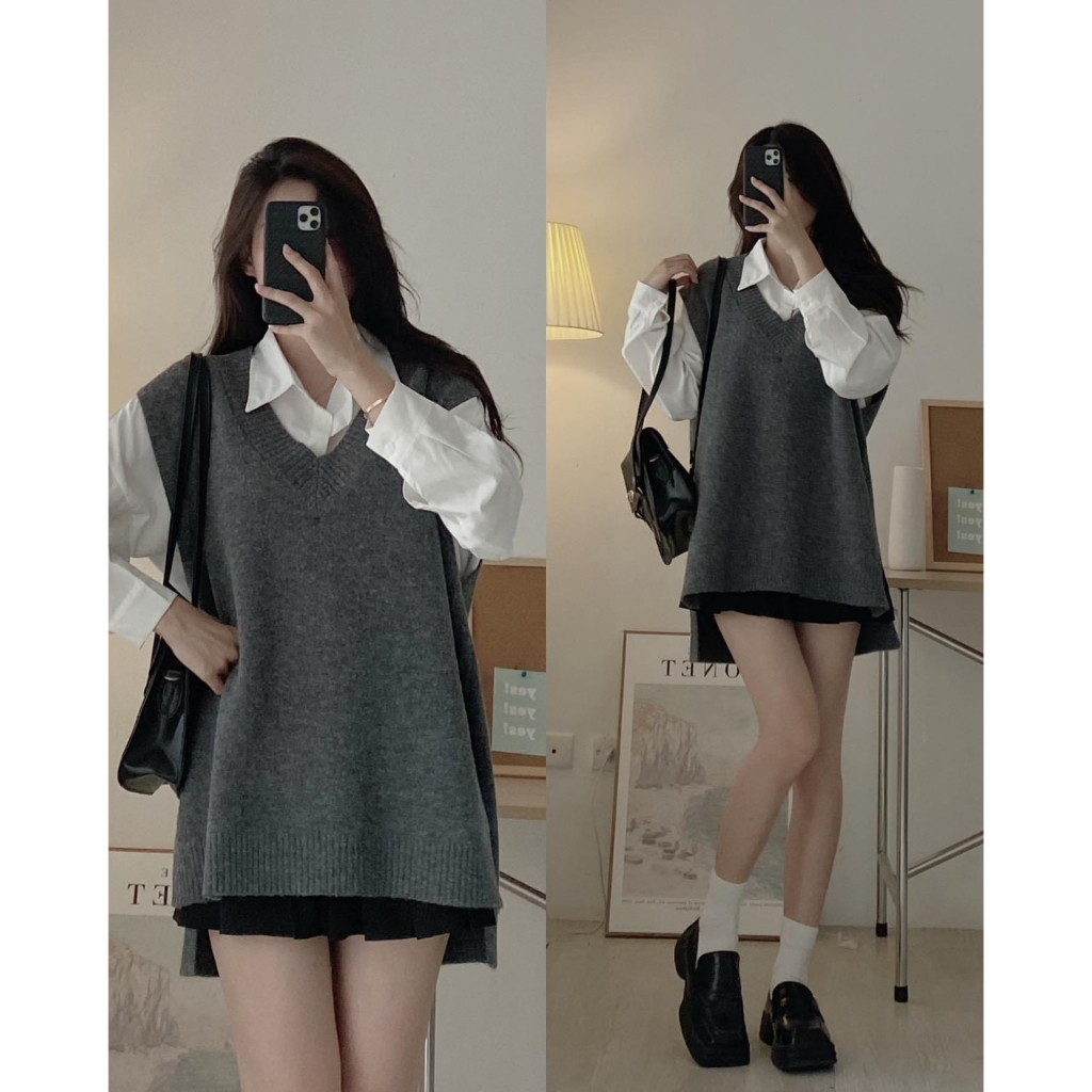 Áo gile len xẻ vạt form rộng trùm vai,áo ghi lê form rộng phong cách hàn quốc - Sammy House-  GilexevatA01 P13K10