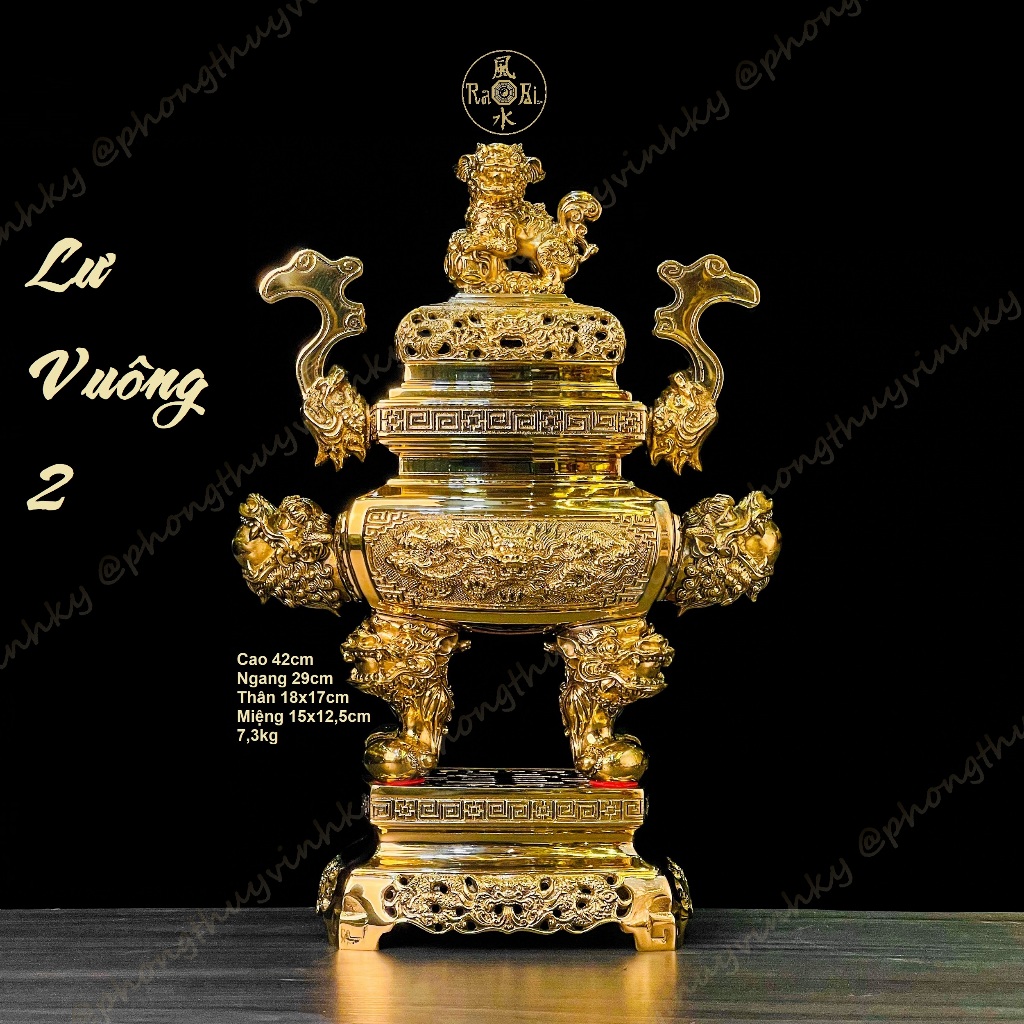 Lư Thờ Tổ Tiên Vuông Lân Nghê 42cm - Vật Phẩm Đồng Thờ Cúng Vĩnh Tiến Chất Lượng Cao