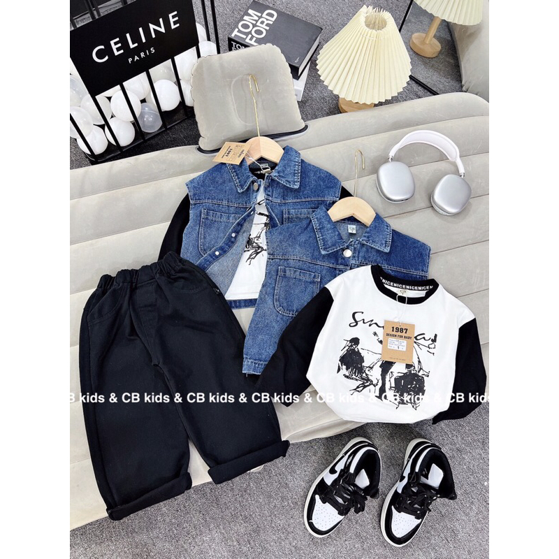 Set bộ bò trai 3 chi tiết quần kaki giặt mềm loại 1 dày đẹp mix cùng áo thu đông dài tay phối tay + 1 áo gile bò in lưng