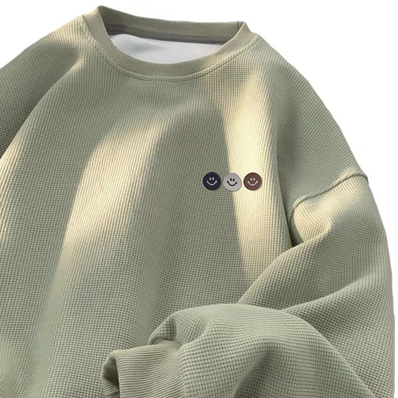 Áo sweater Unisex phối logo mặt cười, áo dài tay cổ tròn form rộng chất vải tổ ong phối icon ngộ nghĩnh