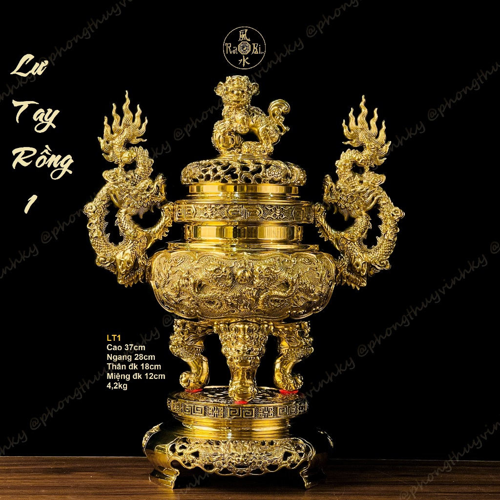 Lư Tròn Thờ Tổ Tiên Lân Nghê 37cm - Vật Phẩm Thờ Cúng Vĩnh Tiến Cao Cấp