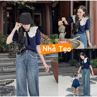 Áo len cộc tay cổ ren đính nơ chất len mongtogi mềm mại Quảng Châu