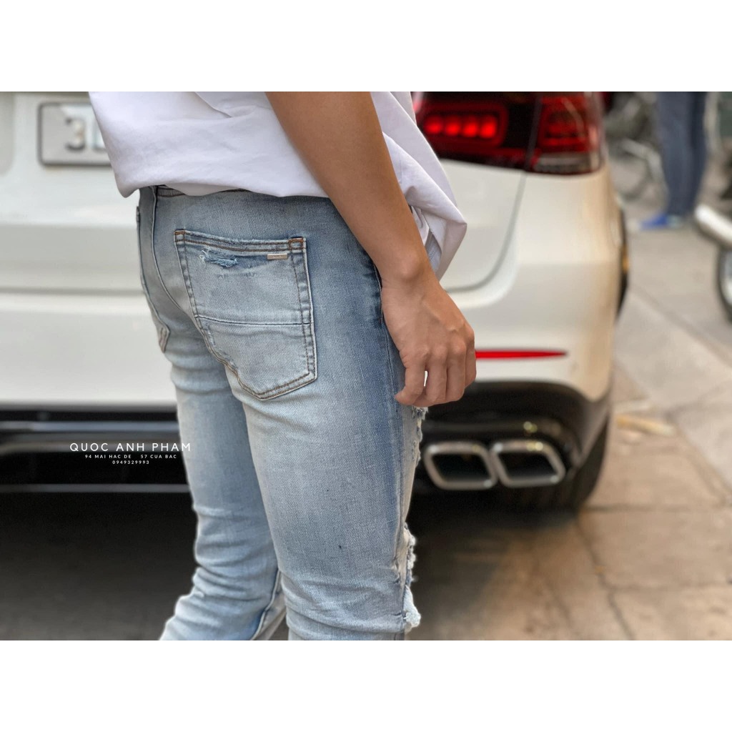 Quần Jean Nam AMIRI Xanh Nhạt Like_Auth Mài Bạc 4 Cúc Lót Da Nhăn Quần bò nam xanh khói vá da cứng bản 4 cúc