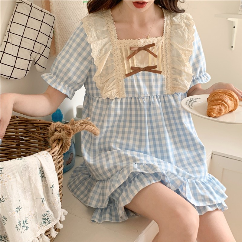 Đồ Bộ Pijama Nữ Họa tiết kẻ caro phối bèo ren cộc đùi Freesize từ 40-58kg