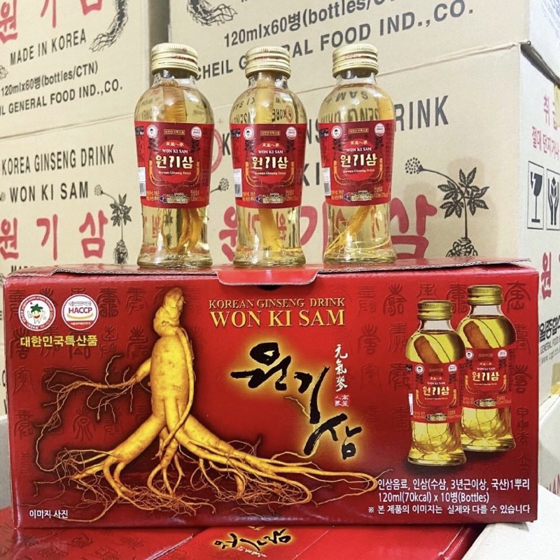 Nước nhân sâm Hàn Quốc có củ Wonkisam 120ml - hộp 10 chai