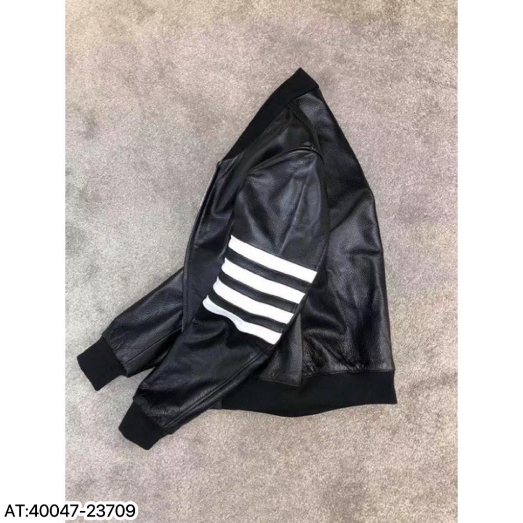 Áo khoác Bomber da thome browne 2 lớp ,chất da cao cấp phối tay thêu sọc cá tính