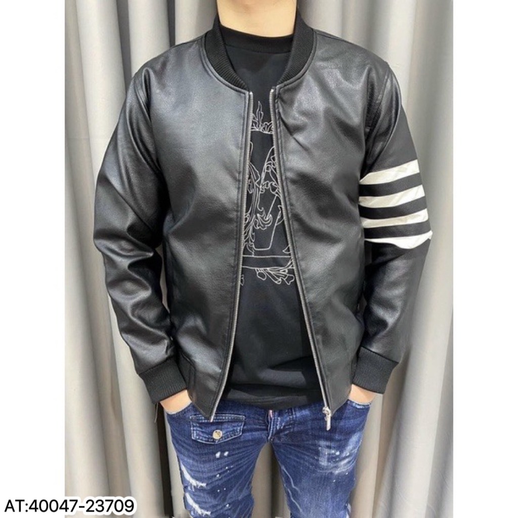 Áo khoác Bomber da thome browne 2 lớp ,chất da cao cấp phối tay thêu sọc cá tính