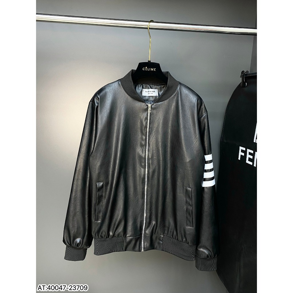 Áo khoác Bomber da thome browne 2 lớp ,chất da cao cấp phối tay thêu sọc cá tính