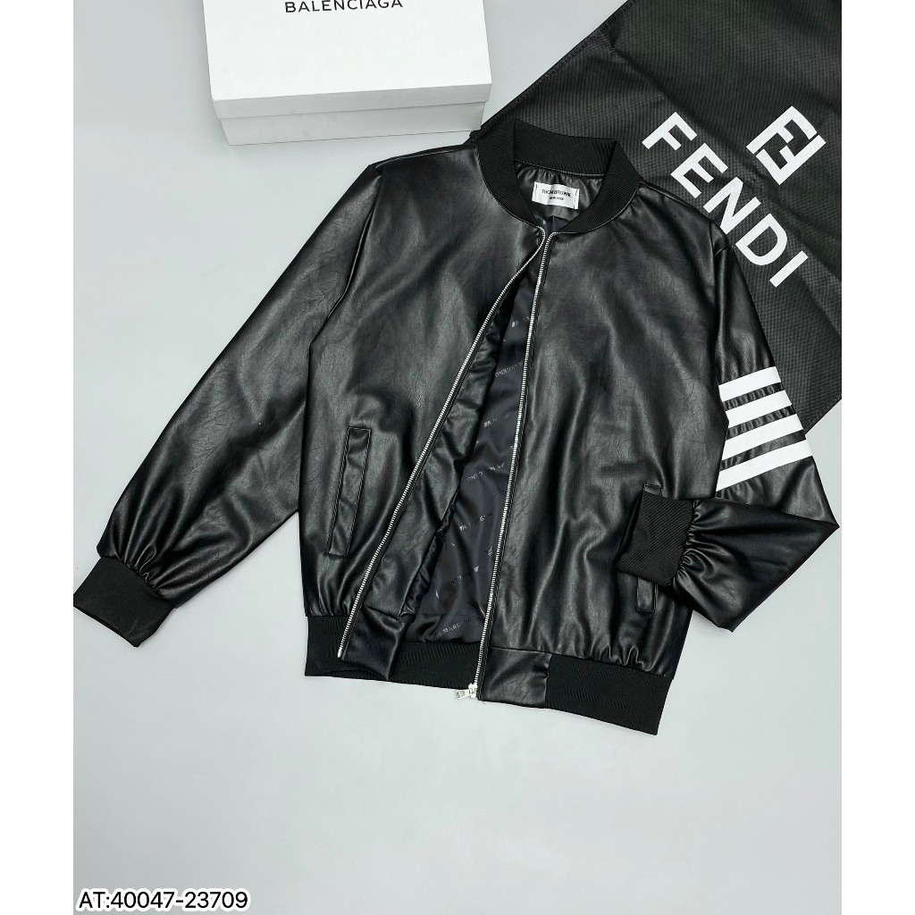 Áo khoác Bomber da thome browne 2 lớp ,chất da cao cấp phối tay thêu sọc cá tính