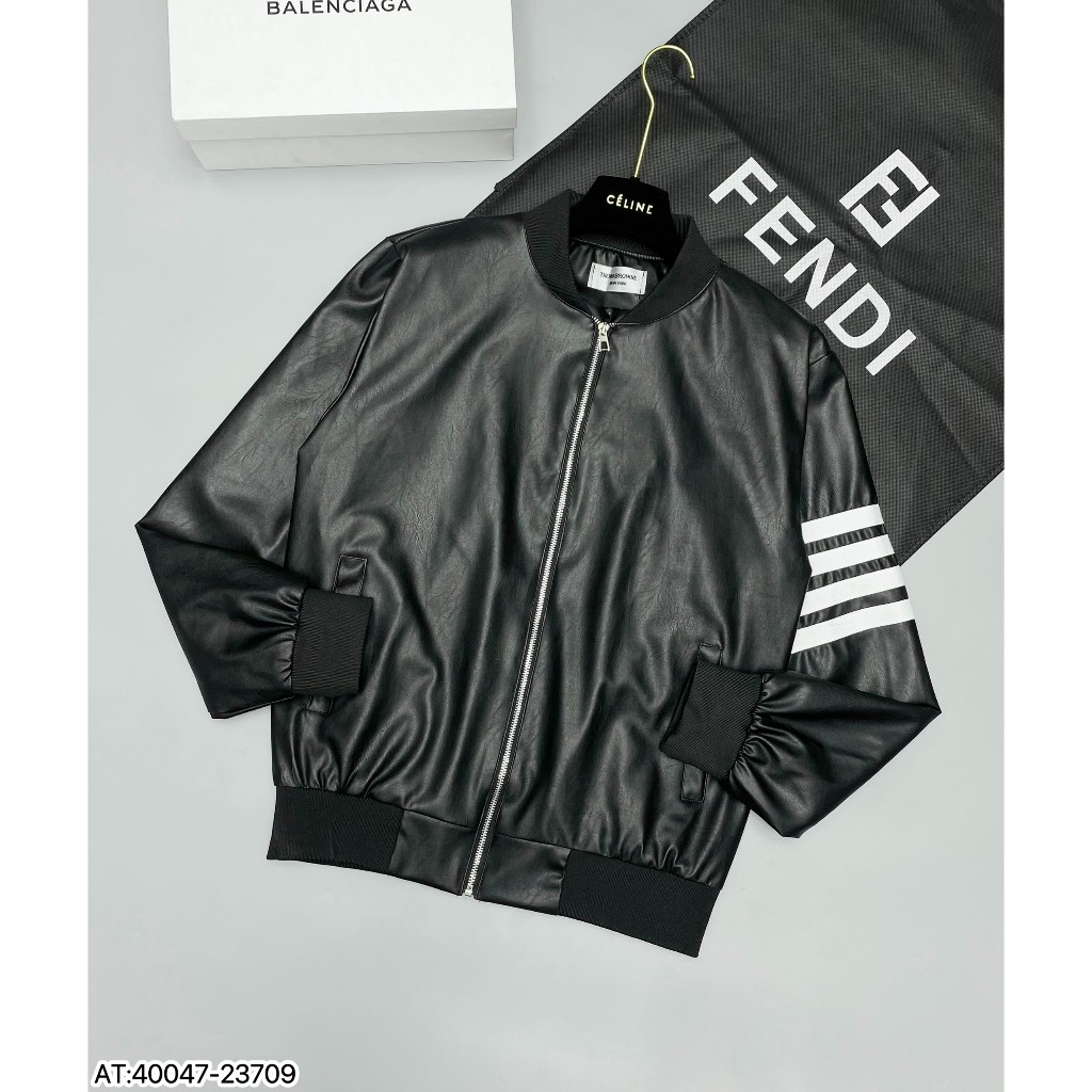 Áo khoác Bomber da thome browne 2 lớp ,chất da cao cấp phối tay thêu sọc cá tính