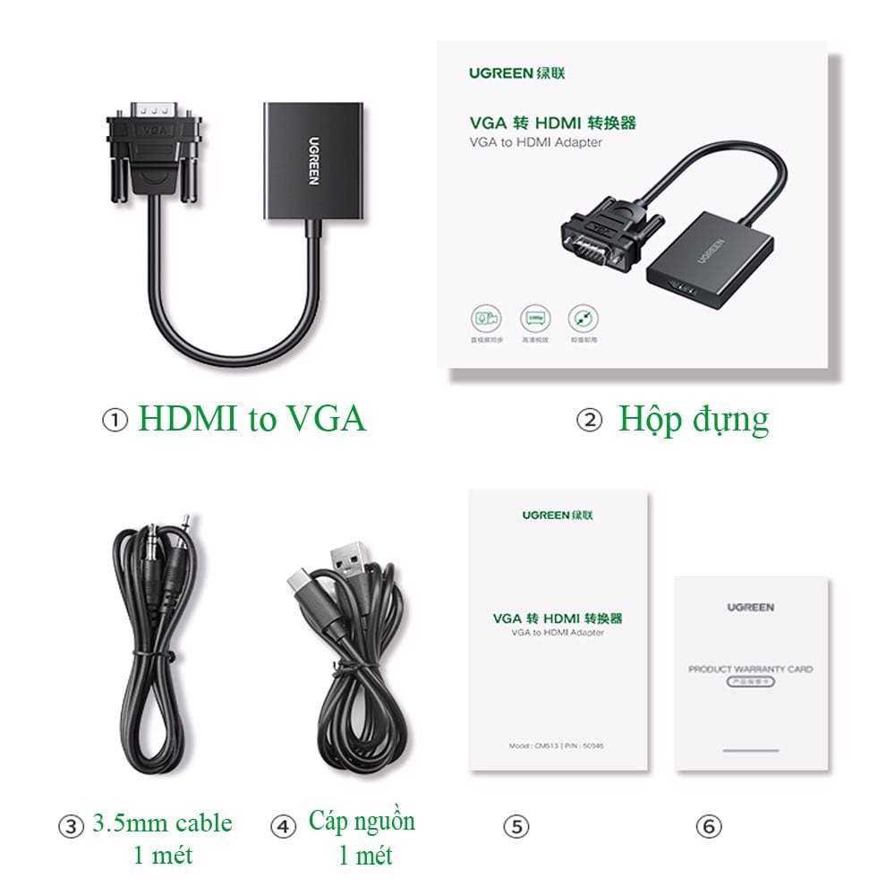 Cáp Chuyển VGA sang HDMI+Audio Ugreen 50945 CM513 Có Dây Nguồn, Hỗ Trợ Truyền Hình Ảnh 1080 60Hz, Bảo Hành 12 Tháng.